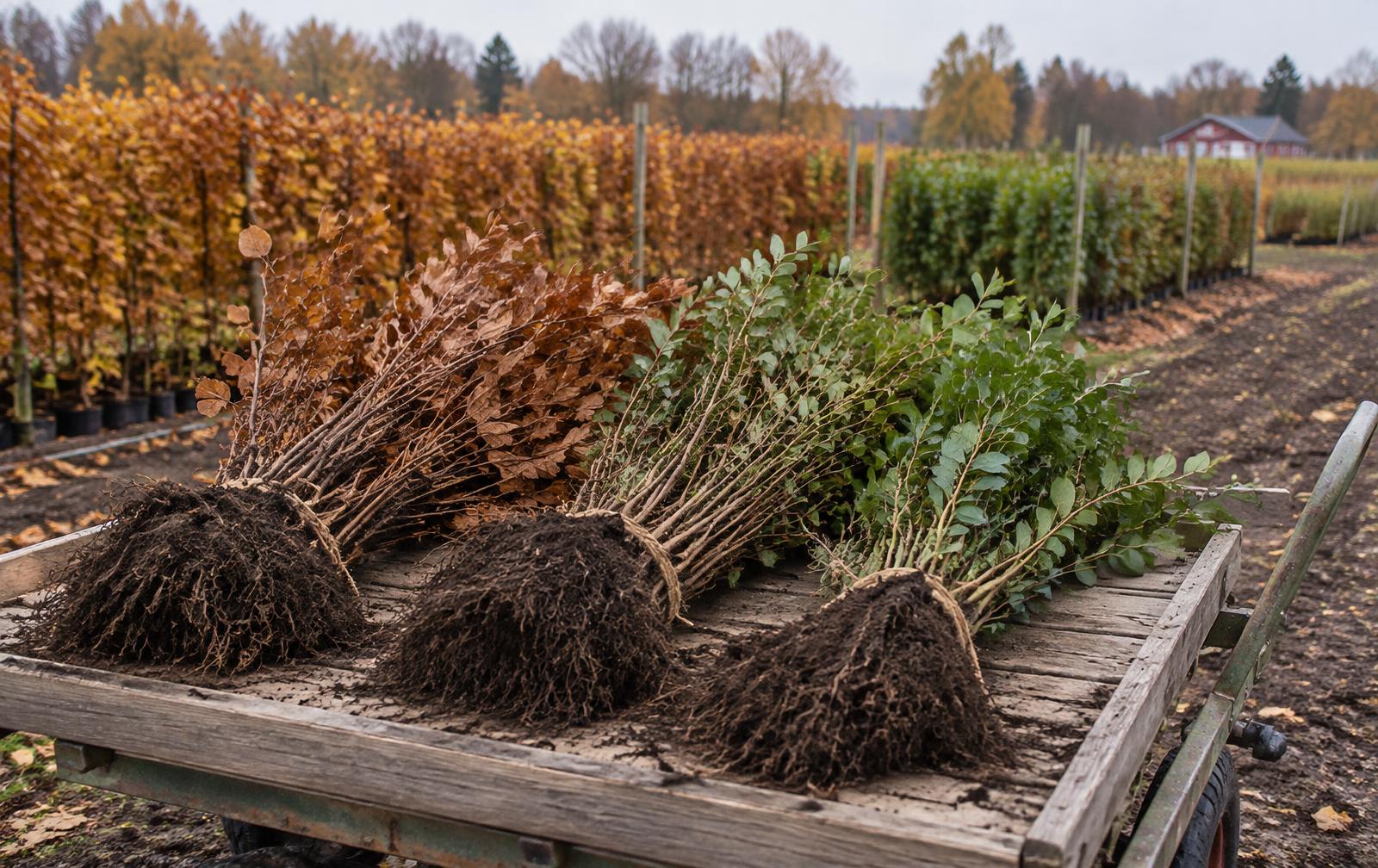 Buntar med barrotade bok- och ligusterplantor på en vagn i plantskolan