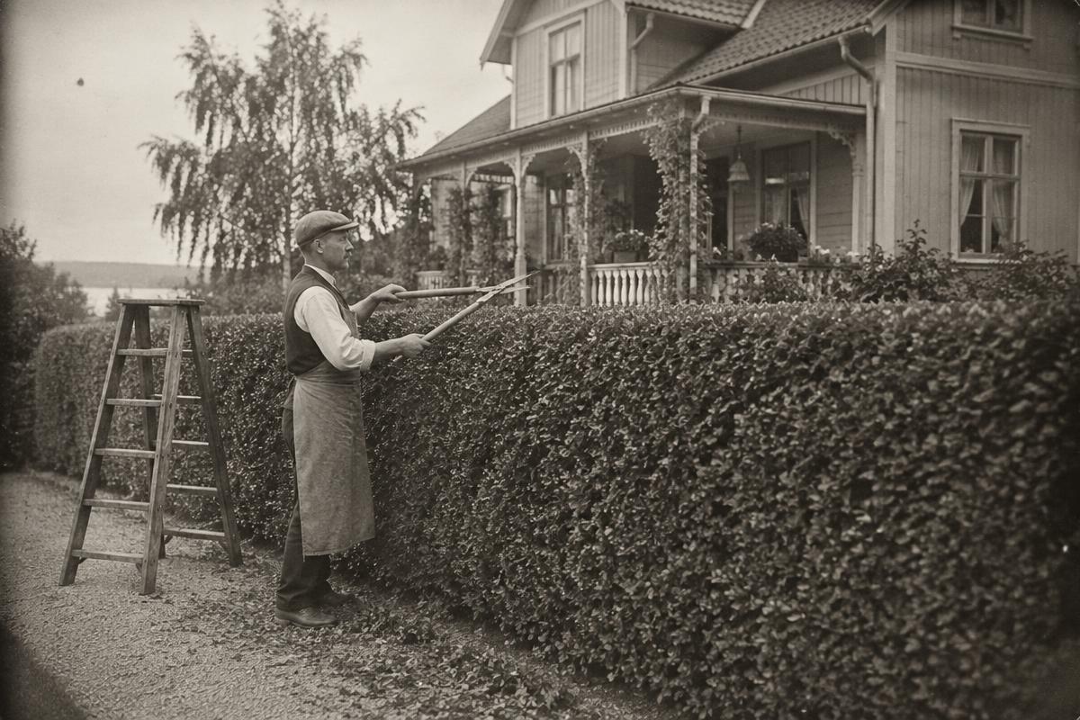 Ligusterhäck framför en villa, gammalt foto