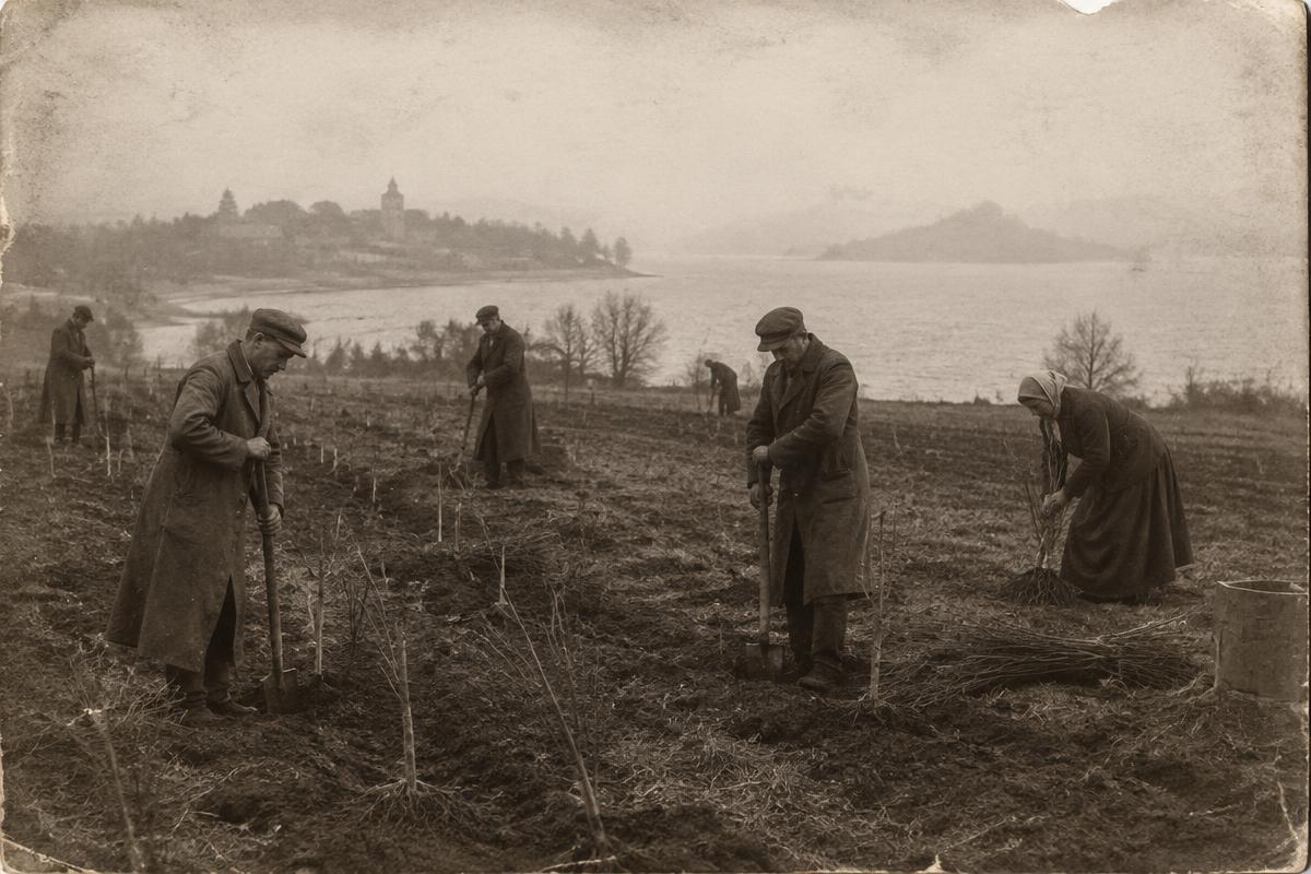 Arbetare planterar unga ekar på en åker vid en sjö, gammalt foto
